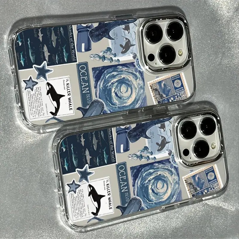 Blue Ocean Whale and Jellyfish Pattern Electroplated Lens Frame Transparent Phone Case Suitable for Iphone17 Air Pro Max Iphone16 15 14 13 12 11 Air Plus Pro Max Series