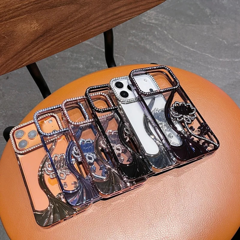 For iPhone 17 Air Pro Max Fashion Bling Diamond Flowers Plating Frame Case For iPhone 16 15 14 Plus 13 12 11 Protective Cover