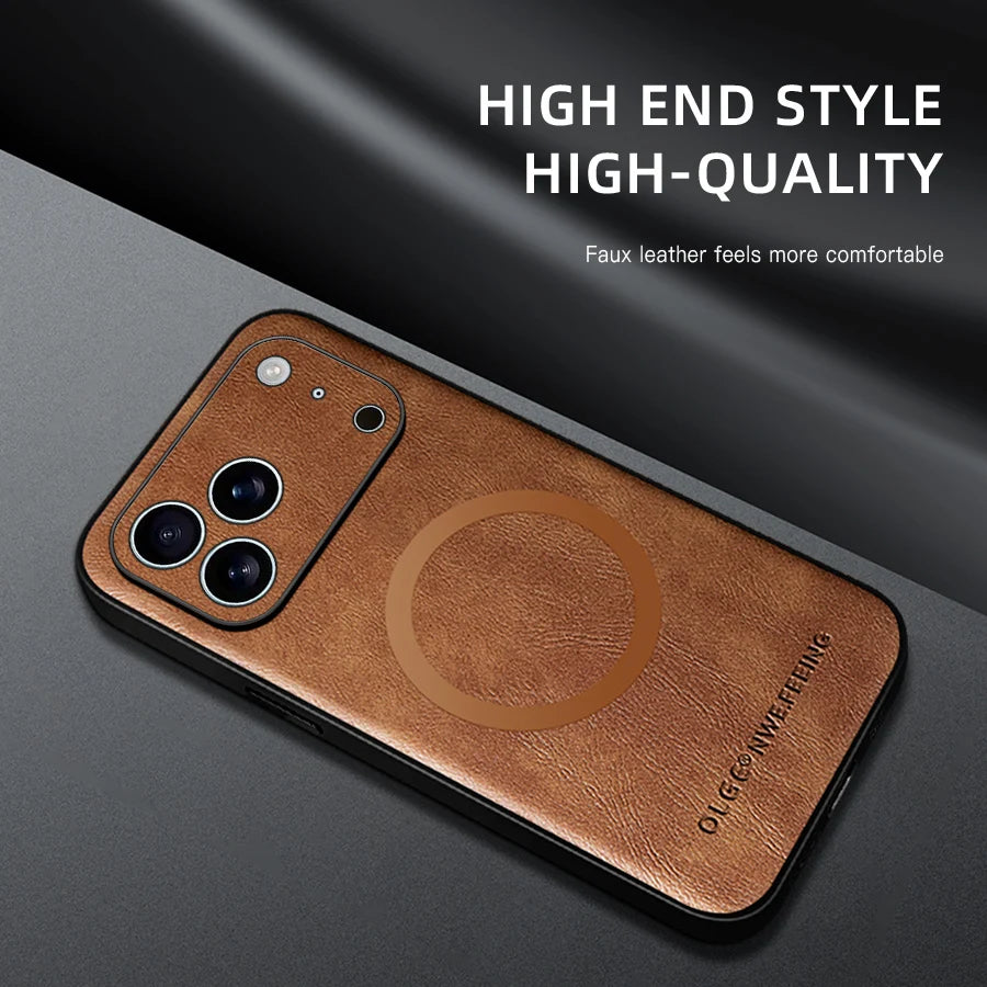 Classic Leather Phone Case For iPhone 16 11 12 13 15 17 Pro Max 16E 14 Plus 17 Air For Magsafe Magnetic Charging Protector Cover