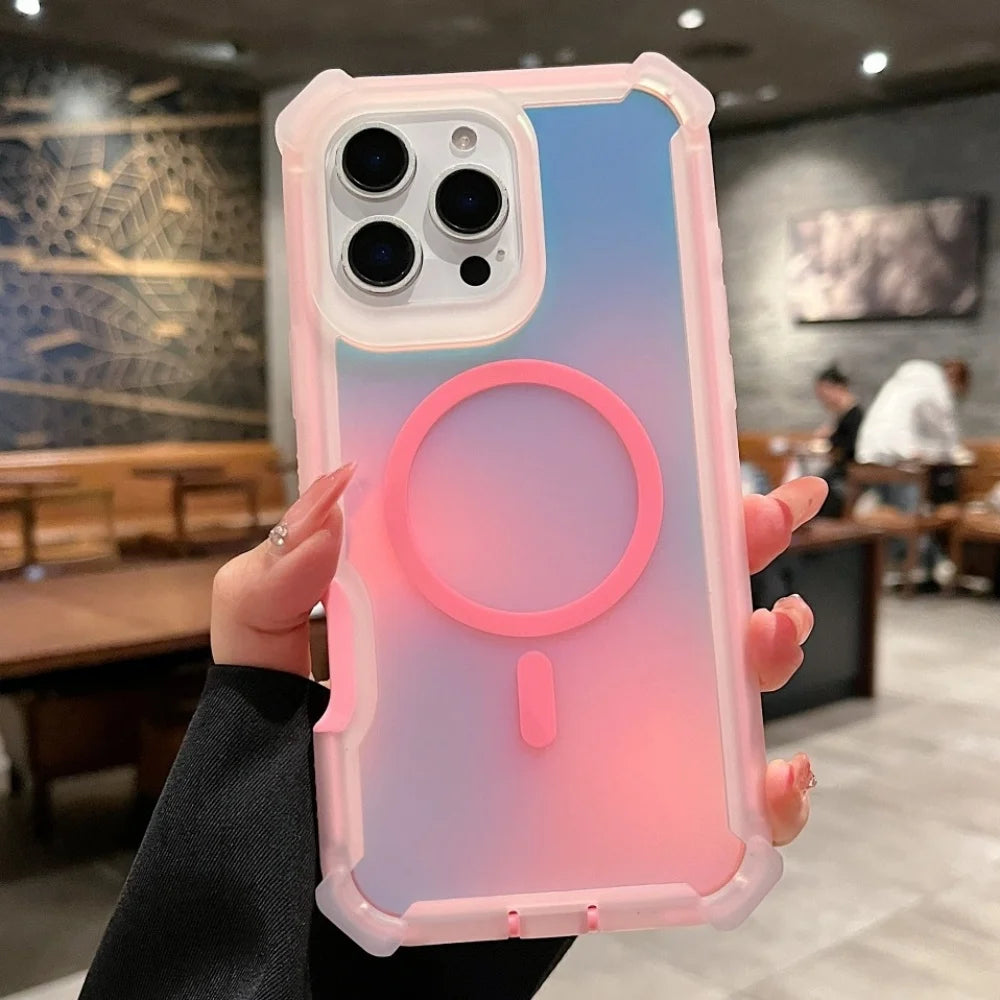 Luxury for Magsafe Laser Dazzling Armor Case For iPhone 17 16 15 14 13 Pro Max Wireless Charging Dual Layer Protection Cover