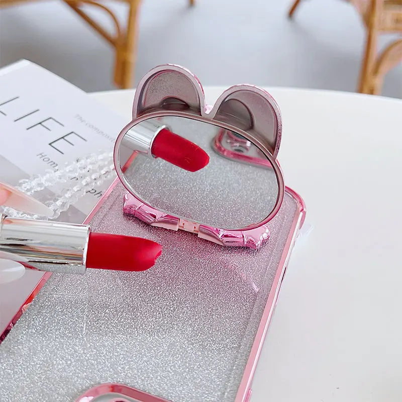 Luxury Shockproof Phone Case with Cute Rabbit Makeup Swivel Stand Crystal Lanyard For Honor X5c Plus X5b X6c X6a X6b Back Cover