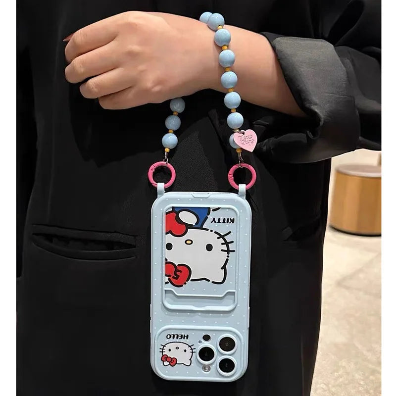 Blue Hello Kitty 3D Bow Case for iPhone 17 Pro Max 16 15 14 Pro 13 12 11 Card Holder Cartoon Phone Cover With Bead Lanyard