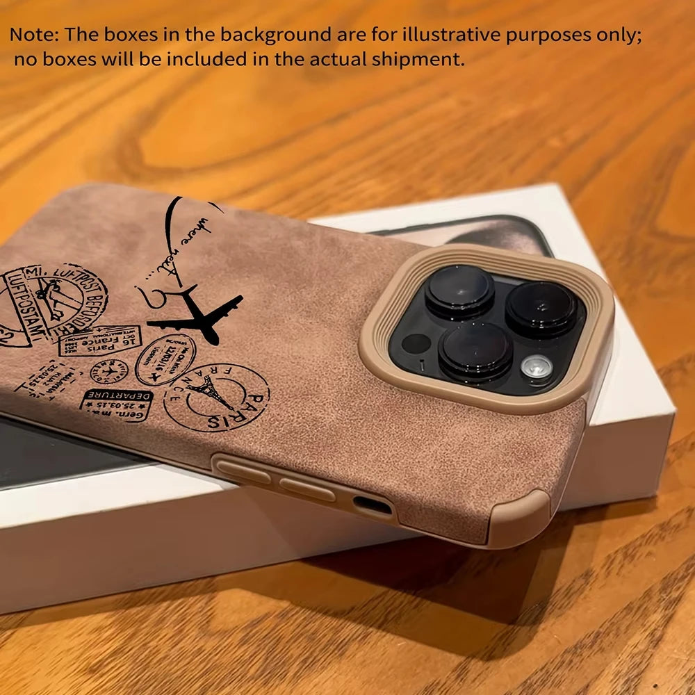 Airplane Stamp Faux Leather Phone Case For iPhone 17 16 15 14 13 12 11 Pro Max Plus X XR XS Air Shockproof Bumper Cases Cover