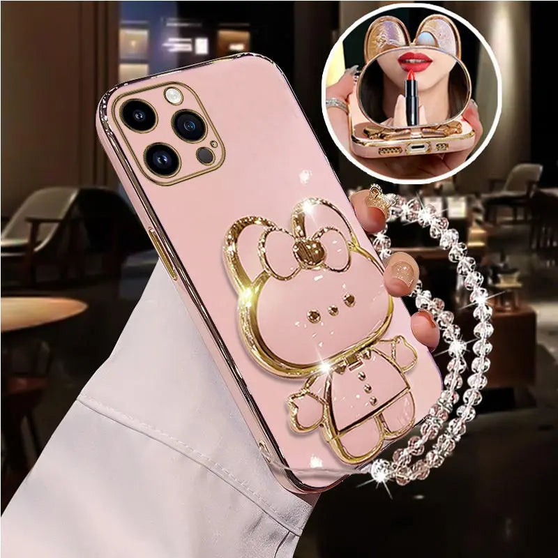 Diamond Strap Mirror Rabbit Phone Holder On Case For iPhone 15 14 13 12 11 Xs Pro Max Mini X XR Apple 6 6s 7 8 Plus Stand Cover