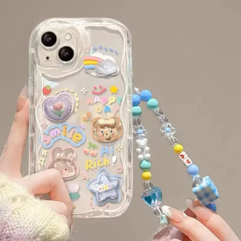 Cute 3D Bear Heart Bracelet Chain Case for Samsung Galaxy S25 S24 S22 S23 Plus Ultra 5G S21 S20 S24 FE INS Korean Style Cover