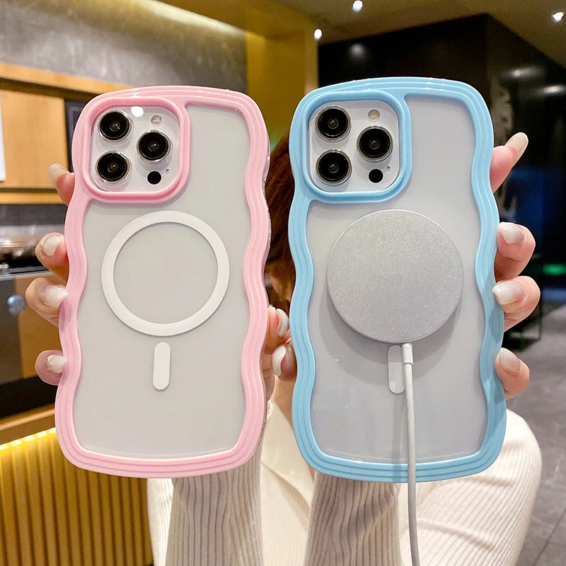 Cute Candy Color Transparent Wave Magnetic Case for iPhone 17 16 15 14 13 12 11 Pro Max for Magsafe Bumper Anti-fall Cover Case