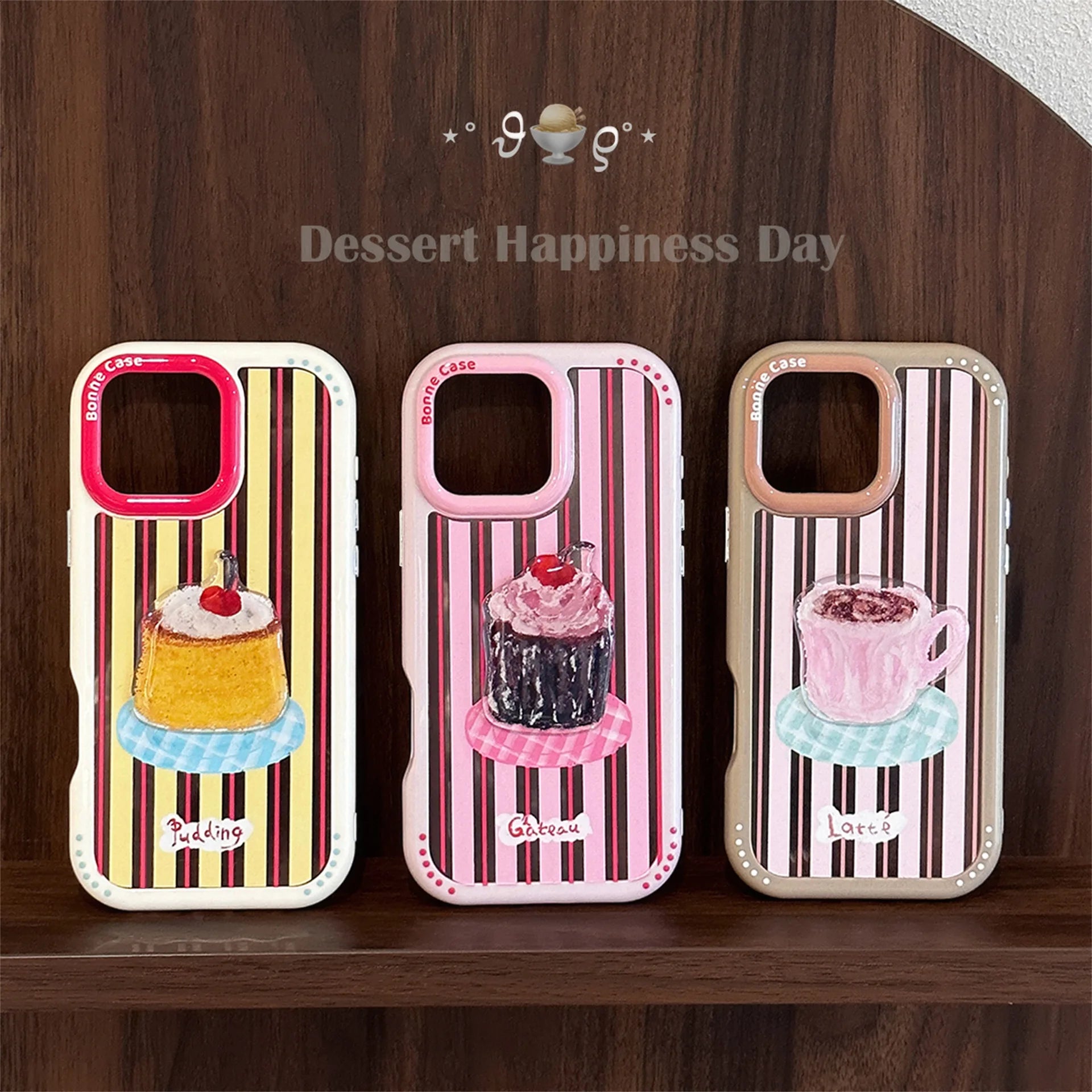 Korean Striped 3D Cartoon Dessert Cake Phone Case for iPhone 17 16 15 14 13 12 11 Pro Max XS XR Acrylic Shockproof Hard Cover