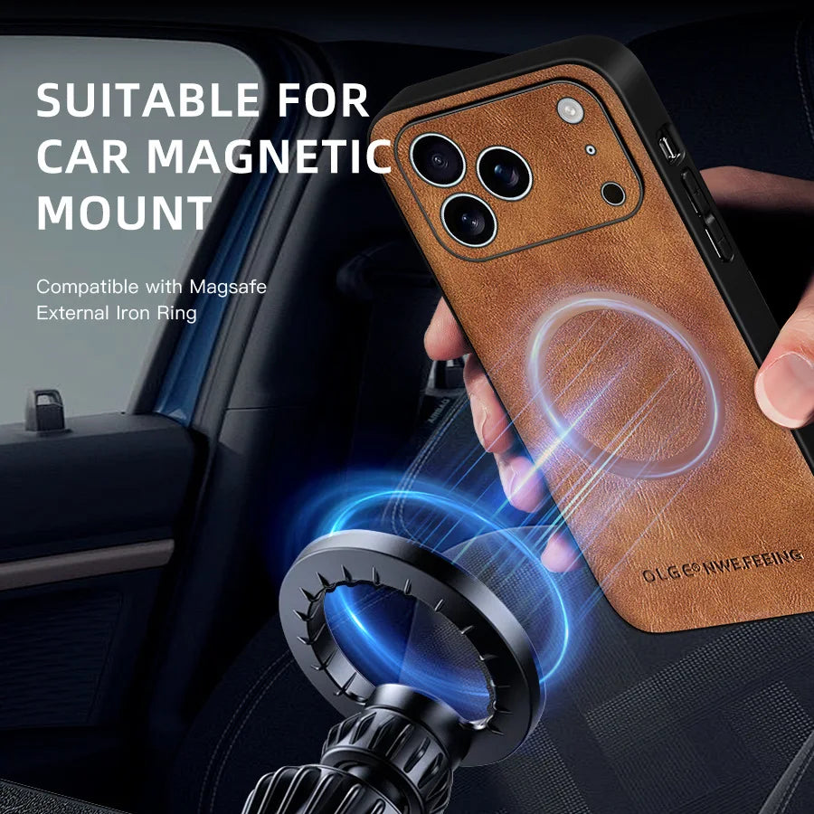 Classic Leather Phone Case For iPhone 16 11 12 13 15 17 Pro Max 16E 14 Plus 17 Air For Magsafe Magnetic Charging Protector Cover