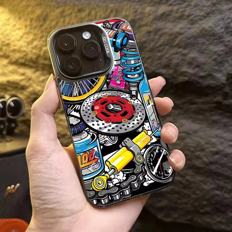 Mechanical Gear Pattern Electroplate Silver IMD Phone Case For iPhone 11 12 13 14 15 16 Pro Max 16E 7 8 Plus X XS XR SE2 Cover