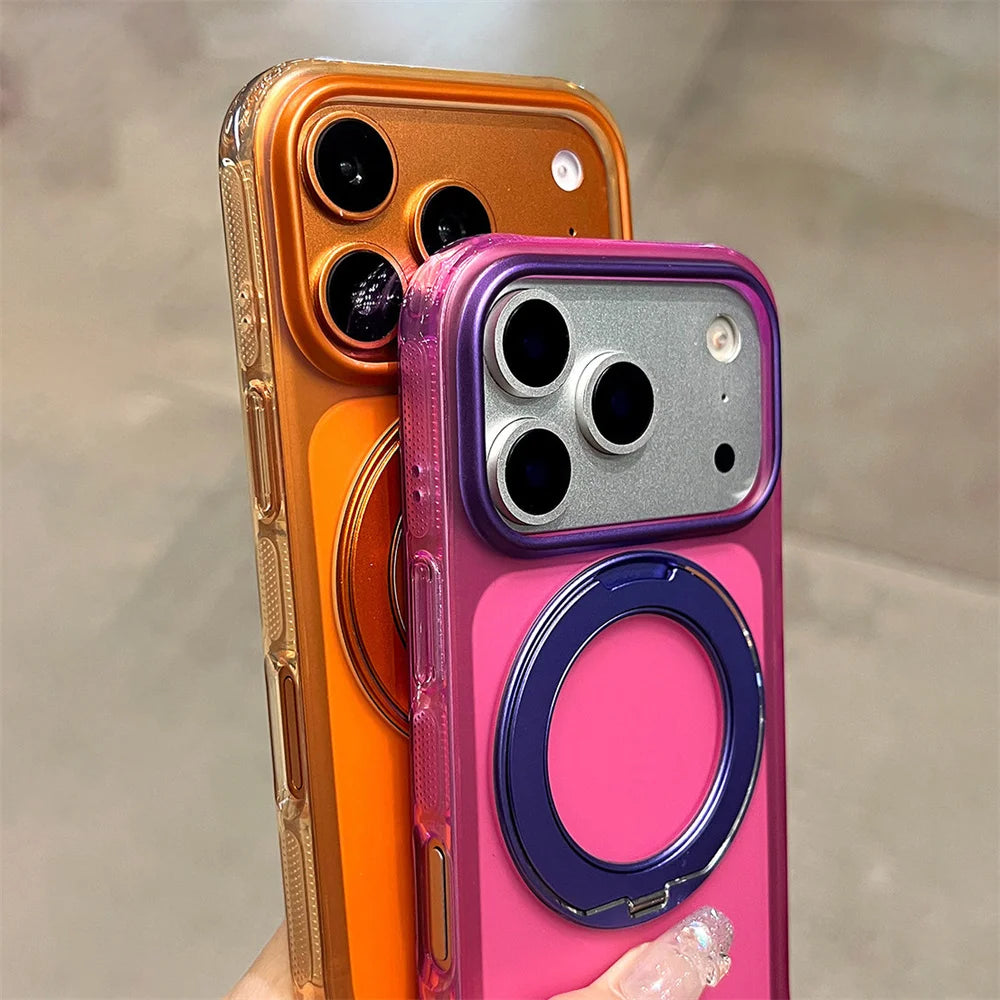 Magnet Holder Rotating Magnetic Stand Phone Case For iPhone 16 17 Pro Max Matte Translucent Shockproof Clashing Color Back Cover
