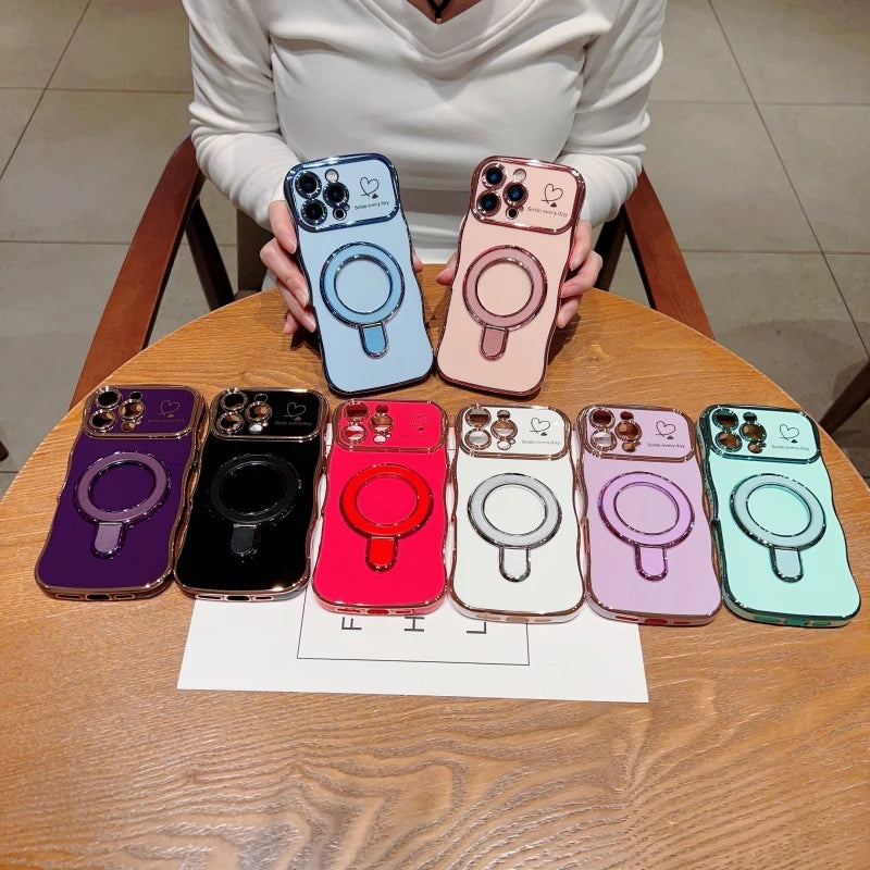 Bracket For Magsafe Phone Case For iPhone 17 16 13 15 14 11 12 Pro Max 15 16 Plus 16e Silicone Large Window Cover For iPhone Air