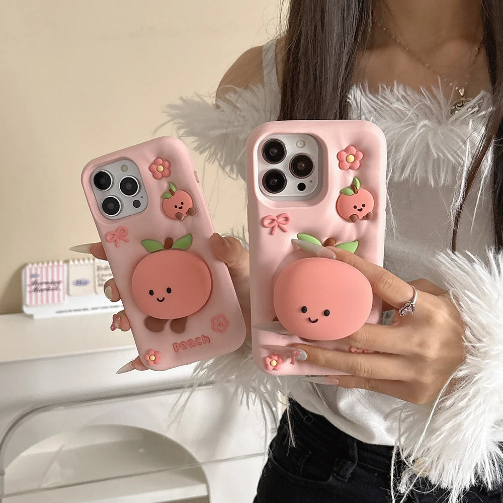 Kawaii Summer Fruit Floral Peach Bracket Soft Silicone Case Stand Holder Shockproof Cover for iPhone 17 16 15 14 13 12 Pro Max