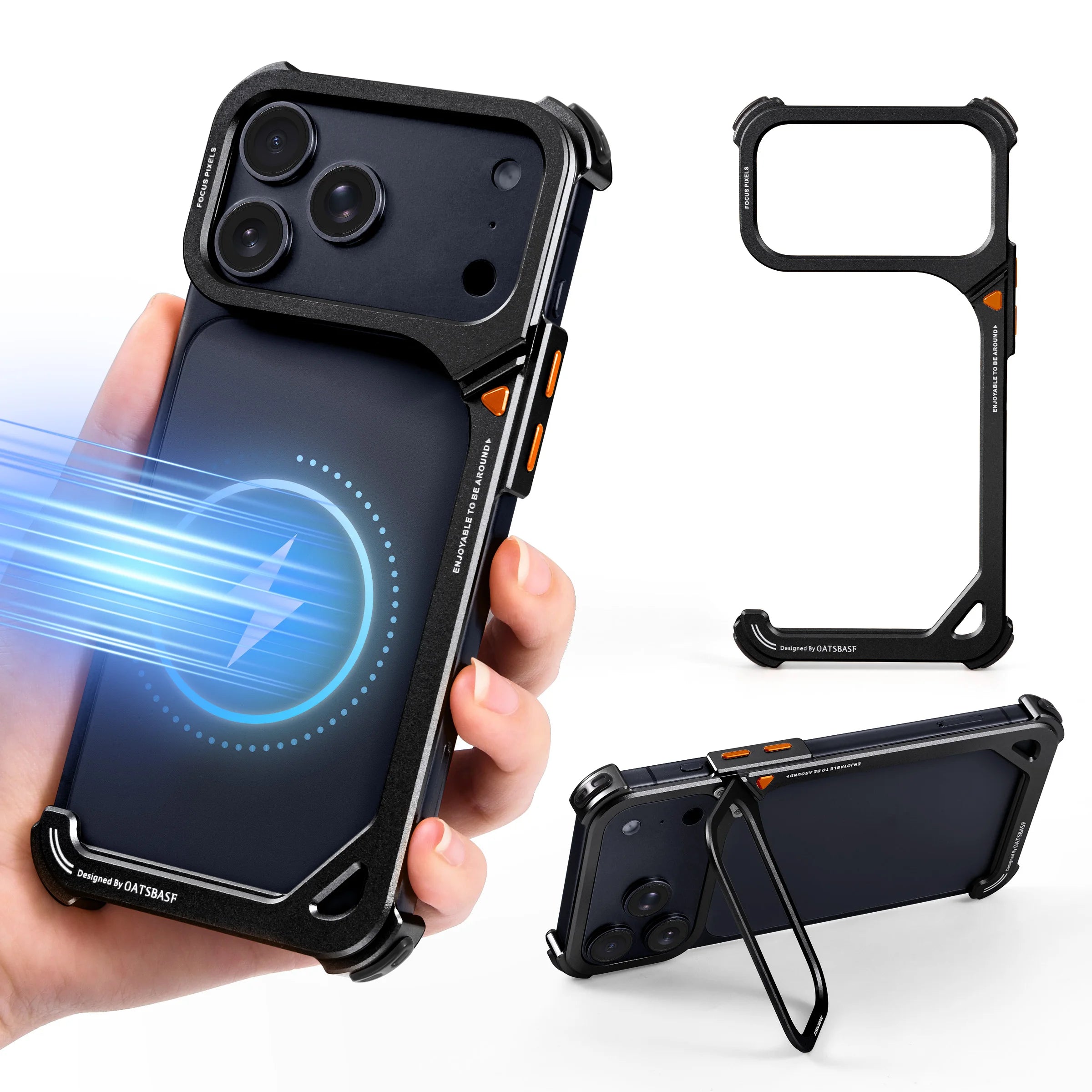 Oatsbasf Metal Frameless "9" Design Phone Case for iPhone 17 Pro Max /17 Pro Phone Cover with 90° Adjustable Hidden Camera Stand