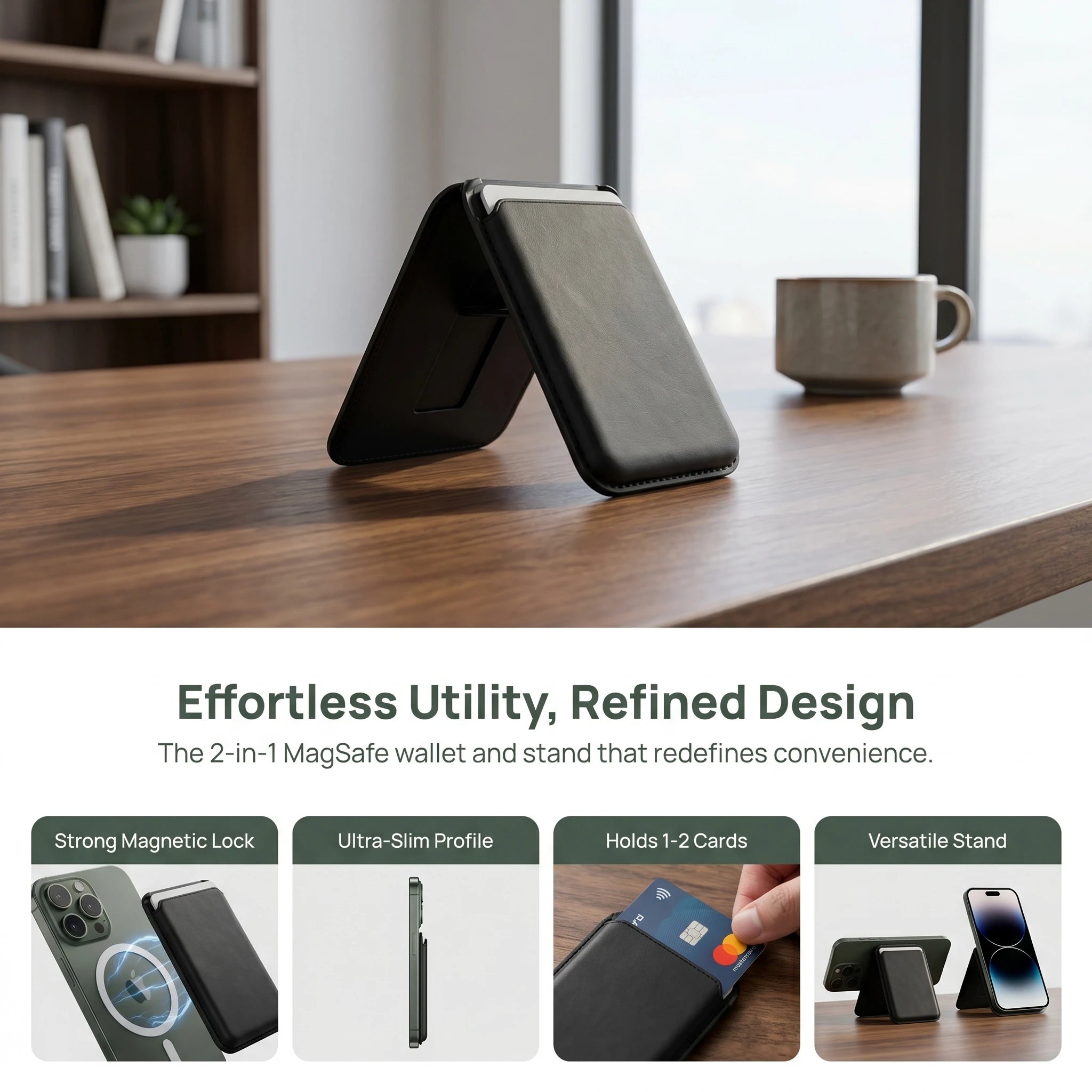 2 in 1 MagSafe Wallet Stand N52 Magnet PU Leather RFID Blocking Foldable Kickstand Hold 2 Cards Portable for IPhone 12-16 Series