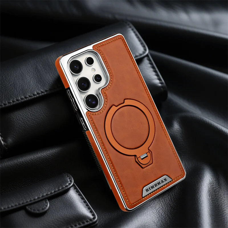 Magnetic Rotating Bracket Luxury Leather Case For Samsung Galaxy S23 S24 S25 S26 Ultra Plus Wireless Charging Shockproof Cover