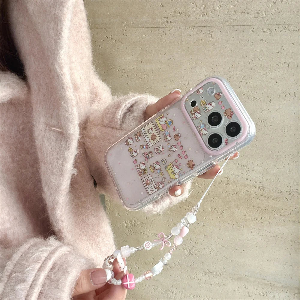 Cute Star Hellokitty Glitter Phone case for iPhone 17 Pro 15 Pro Max 16 Max 17 16 Fundas With Chain Korean Shockproof Cover Capa