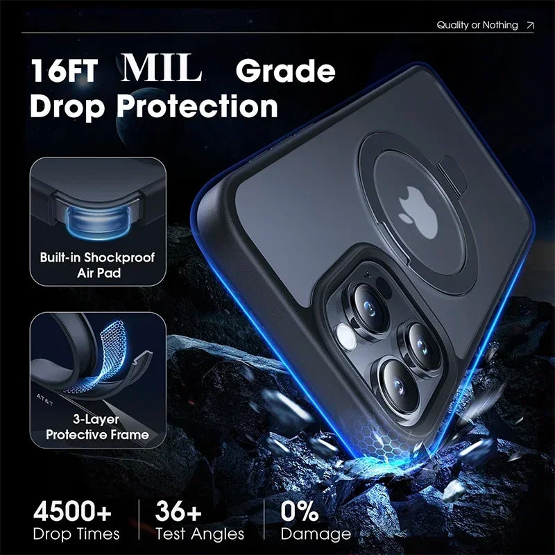 Metal Ring Stand Matte Magnetic Case for Magsafe IPhone Air 17 16 15 14 13 12 11 Pro Max Plus with Lens Protector Mac Safe Cover