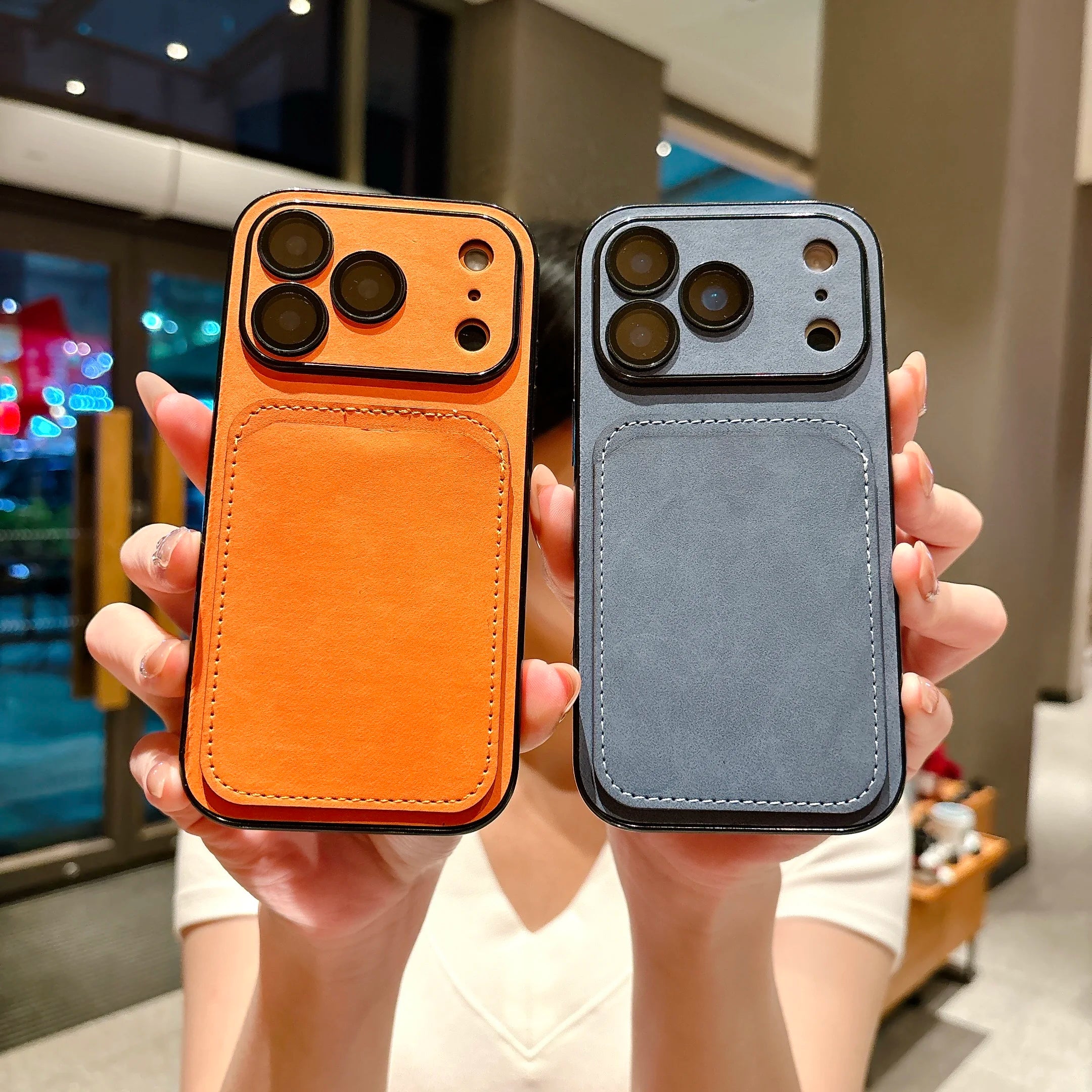 Shockproof Suede Leather Card Holder Case For iPhone 17 Pro Max 16 15 14 Plus 13, Slim Window View Camera Protection Phone Cover