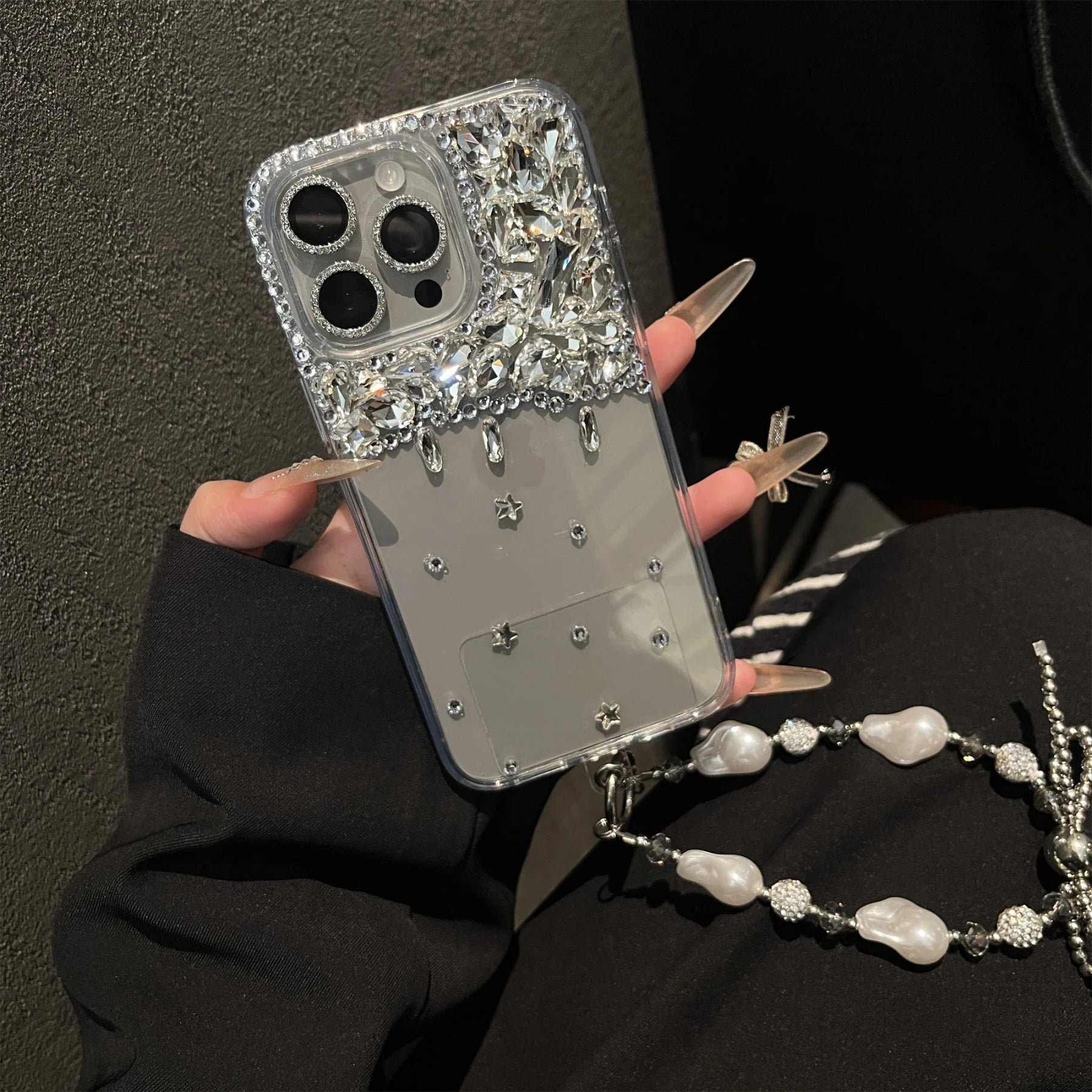 Ins Luxury Senior 3D Half Screen Rhinestones Transparent Clear Phone Case for iPhone 17 16 15 14 Pro Max Shockproof Back Cover