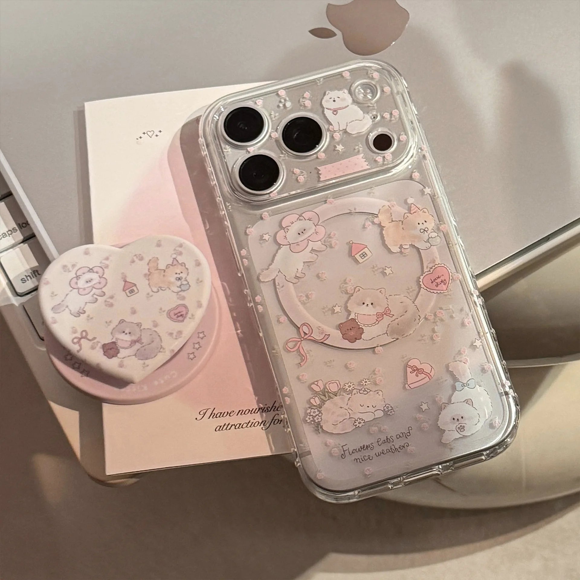 Korean Cartoon Kitten Love Heart Magnetic Bracket Phone Case For iPhone 17 16 15 14 13 12 Pro Max Clear Shockproof Soft Cover