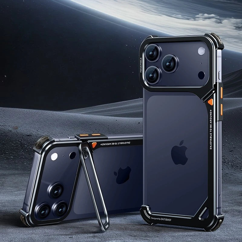 Oatsbasf 9-Shaped Metal Frameless Phone Case for iPhone 17 Pro Max/Pro/Air with Stand Magsafe Minimalist Bumper Shockproof Cover