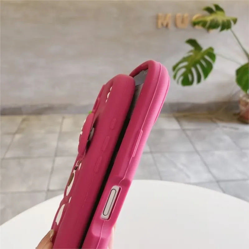 3D Lotso Strawberry Bear Silicone Phone Case with Strawberry Balloon for iPhone 16 15 14 13 12 11 Pro Max Cute Shockproof Cover