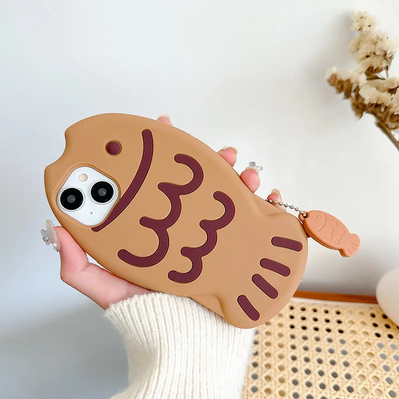 Cute Cartoon Animal 3D Taiyaki Fish Silicone Phone Case For iPhone 17Air 15 14 13 12 16 Pro Max With Pendant Shockproof Cover