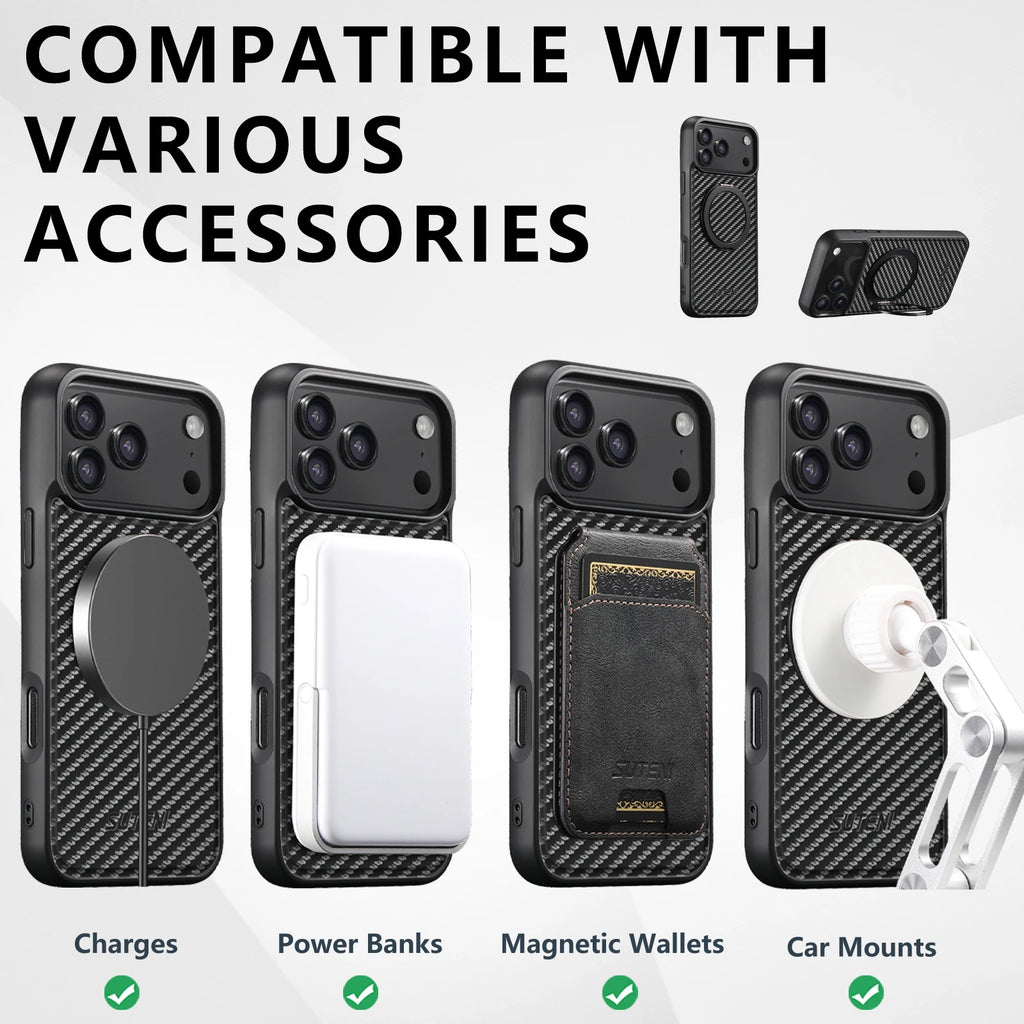 SUTENI Magnet Wireless Charging Mobile Phone Case 360° Rotating Stand Faux Leather Ring Buckle For iPhone 17 Pro Max 16 Plus 15