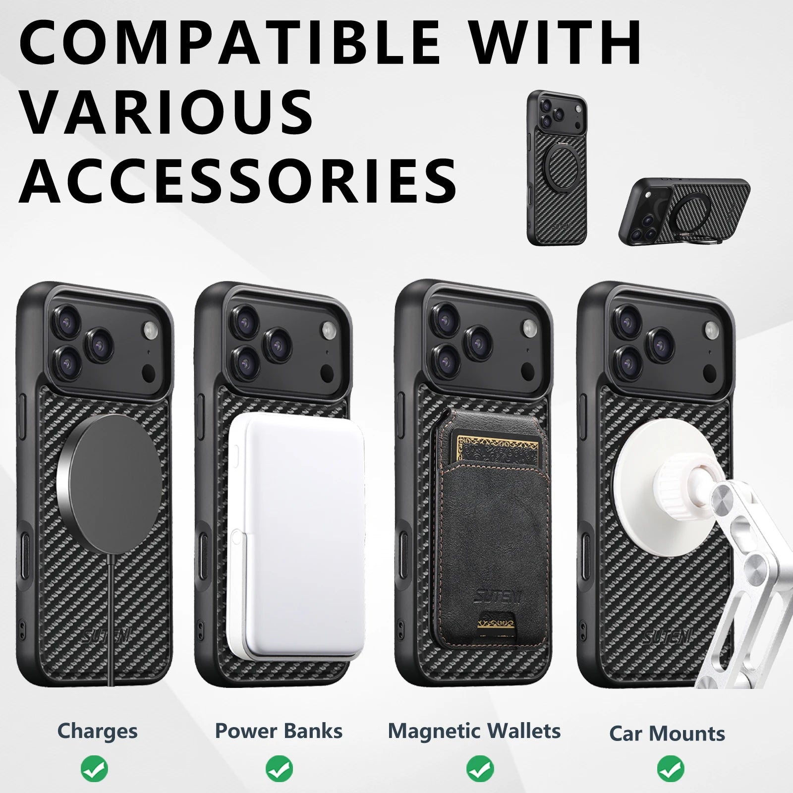 SUTENI Magnet Wireless Charging Mobile Phone Case 360° Rotating Stand Faux Leather Ring Buckle For iPhone 17 Pro Max 16 Plus 15