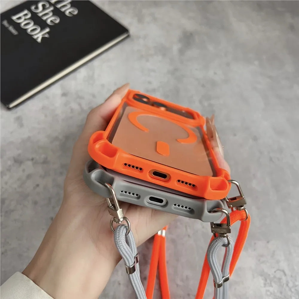 For Magsafe Lanyard Shockproof Clear Case For iPhone 17 Air 16 15 14 13 12 11 Pro Max Plus 16E Magnetic Wireless Charging Cover