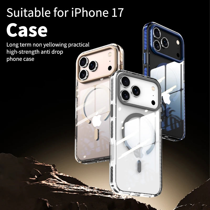 Luxury PE Striped Border Cover For Magsafe Magnetic Wireless Charge Clear Phone Case For iPhone 17 Air 16 E 15 14 13 12 Pro Max
