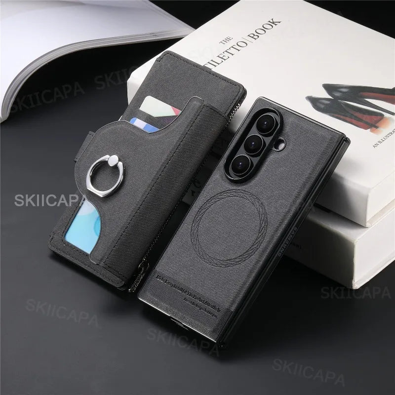 Zipper Wallet Magnetic Cover for Samsung Z Fold 7 Fold6 Fold5 Fold4 Fold3 Magsafe 2 in 1 Flip Leather Stand Holder Phone Bag