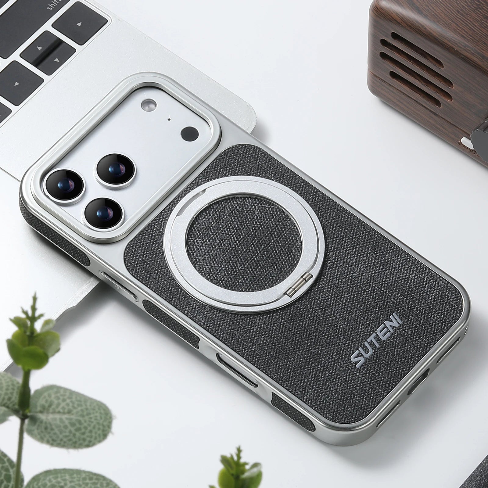 SUTENI Faux Leather Magnet Wireless Charging Phone Case 360° Rotating Stand Ring Buckle Frosted Feel For iPhone 17 Pro Max 16 15
