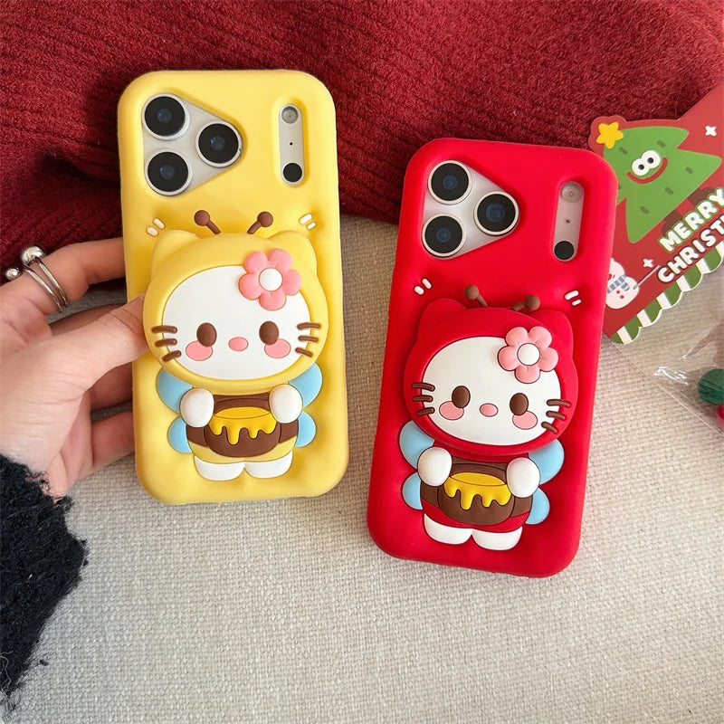 For iPhone 17 16 15 14 13 12 11 Pro Max Plus Sanrio Cute 3D Cartoon Bee Hello Kitty Phone Case Stand Holder Silicone Cover