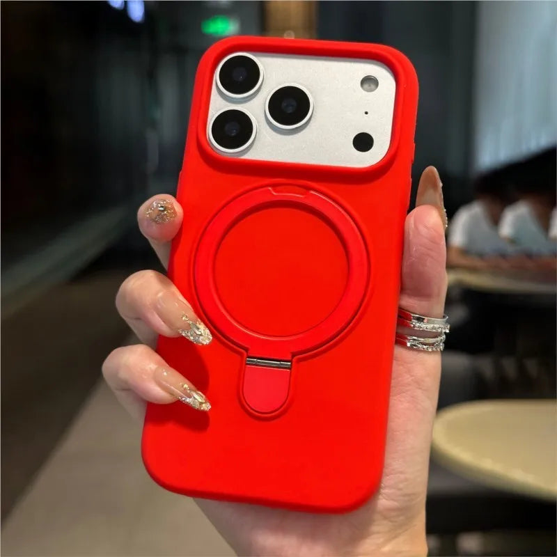 Metal Stand Holder Original Liquid Silicone Case for iPhone 17 Air 16 15 14 Plus 13 12 Pro Max For Magsafe Soft Shockproof Cover