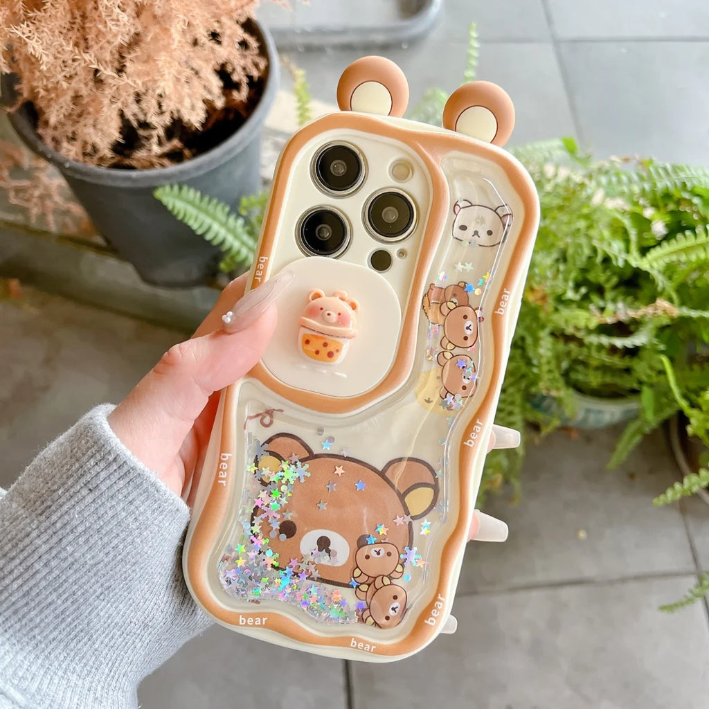 INS Japan Cartoon quicksand Bear Couple Family Phone Case For iPhone 17 16 15 14 13 12 11 Pro Max XR XS Plus Anti Fall Cover