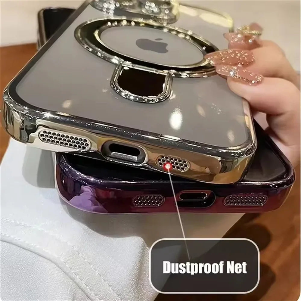 Luxury For Magsafe Bracket Case For iPhone 16 15 14 13 12 11 17 Pro Max 15 Plus Magnetic Ring Stand Holder Clear Acrylic Cover