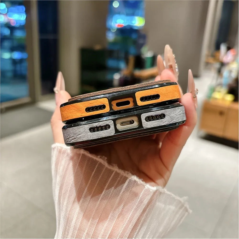 Large Window Wrinkle Texture Card Slot Case For iPhone 17 16 15 14 Plus 13 Pro Max Lens Protection Shockproof Matte Wallet Cover