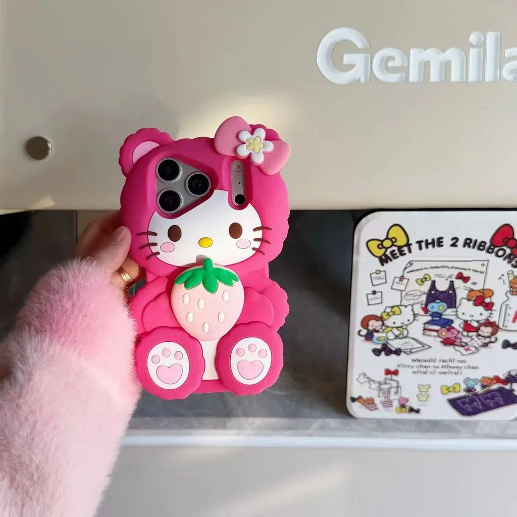 For iPhone 17 Promax 16 15 14 13 12 Pro Max Phone Case 3D Sanrio Hello Kitty Strawberry Cartoon Y2k Soft Silicone Cover