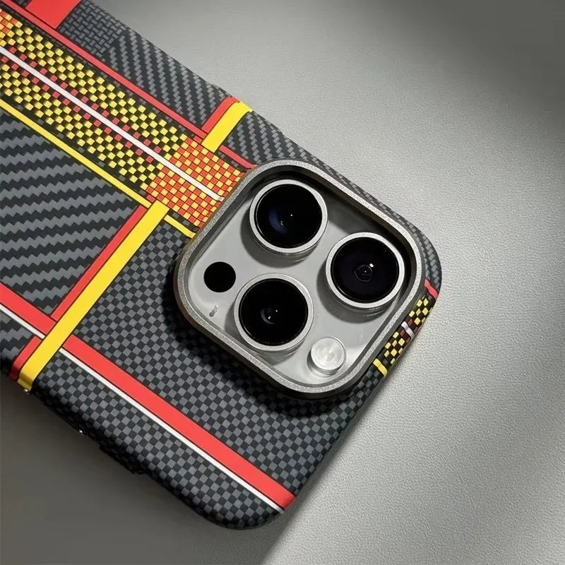 For iPhone 16 Pro 15 14 13 Pro Max Case Carbon Fiber Geometric MagSafe Cover Magnetic Charging Shell Camera Alloy Armor Fundas