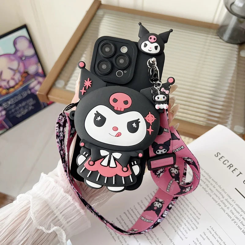 Sanrio Cartoon Kuromi Crossbody Strap Coin Wallet Case For iPhone 17 16 15 14 13 12 11 Pro Max Mini 6 7 8 Plus X XS Max SE Cvoer