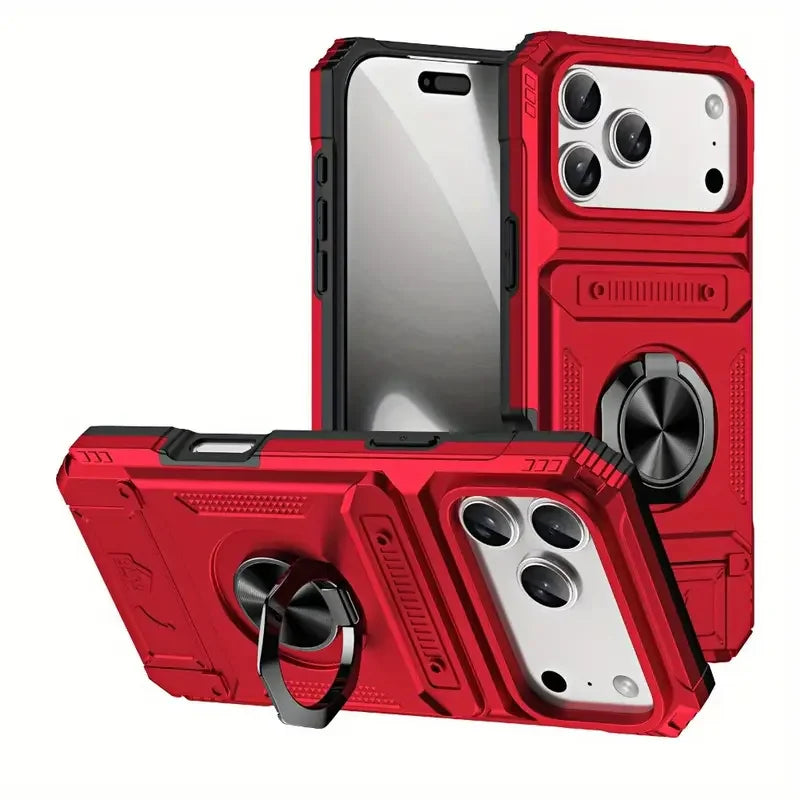 Heavy Duty Case For iPhone 17 16 15 14 13 Pro Max 11 Magnetic Rotated Ring Kickstand Protection Hidden Card Slots Wallet Cover
