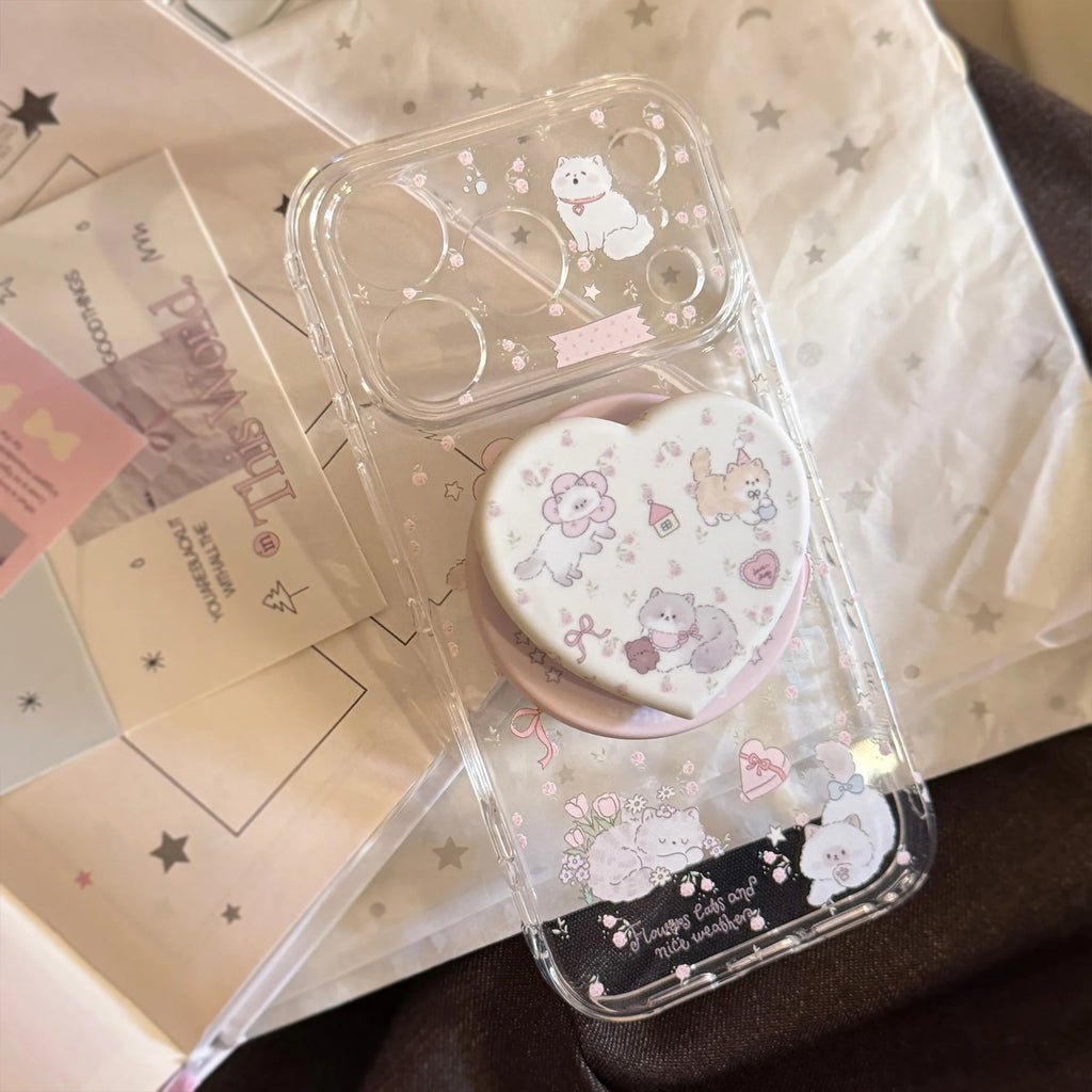 Korean Cartoon Kitten Love Heart Magnetic Bracket Phone Case For iPhone 17 16 15 14 13 12 Pro Max Clear Shockproof Soft Cover
