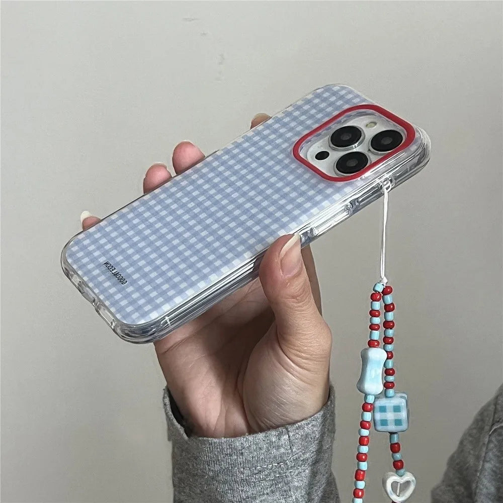 Fashion Checkered Grid Beads Bracelet Case for iPhone 17 16 Pro Max 15 14 Plus Wrist Chain Color Collision Shockproof Cover