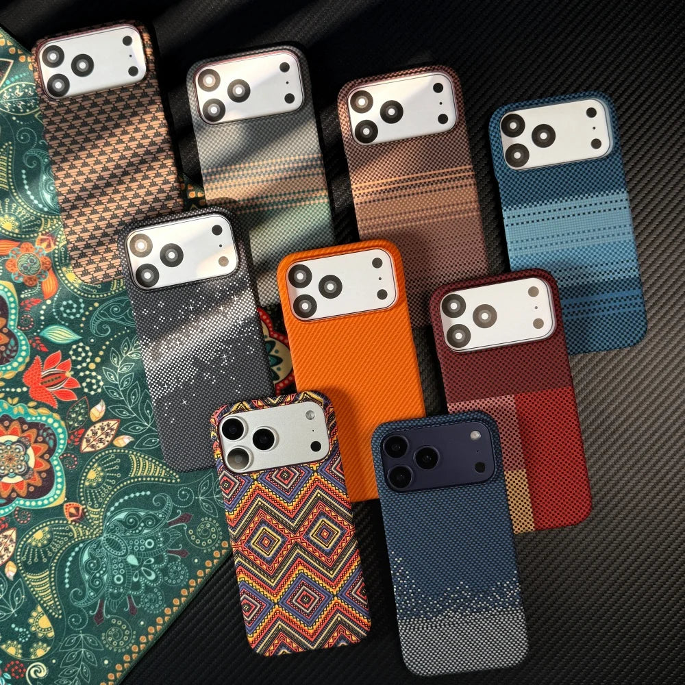 Luxury Kevlar Carbon Fiber Texture Phone Case for iPhone 13 14 15 16 17 Pro Max Plus For Magsafe Magnetic Hard PC Bumper Cover