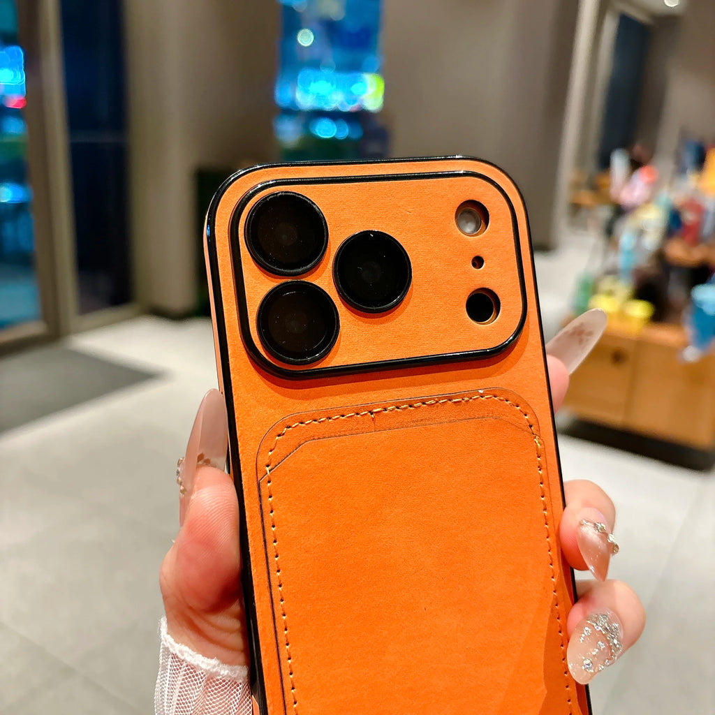Shockproof Suede Leather Card Holder Case For iPhone 17 Pro Max 16 15 14 Plus 13, Slim Window View Camera Protection Phone Cover
