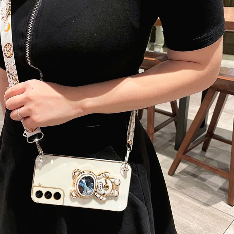 S 21 22 24 Crossbody Lanyard Plating Case For Samsung Galaxy S21 S22 S23 S24 Plus Ultra S20 Fe Silicone Stand Cover Note 10 20