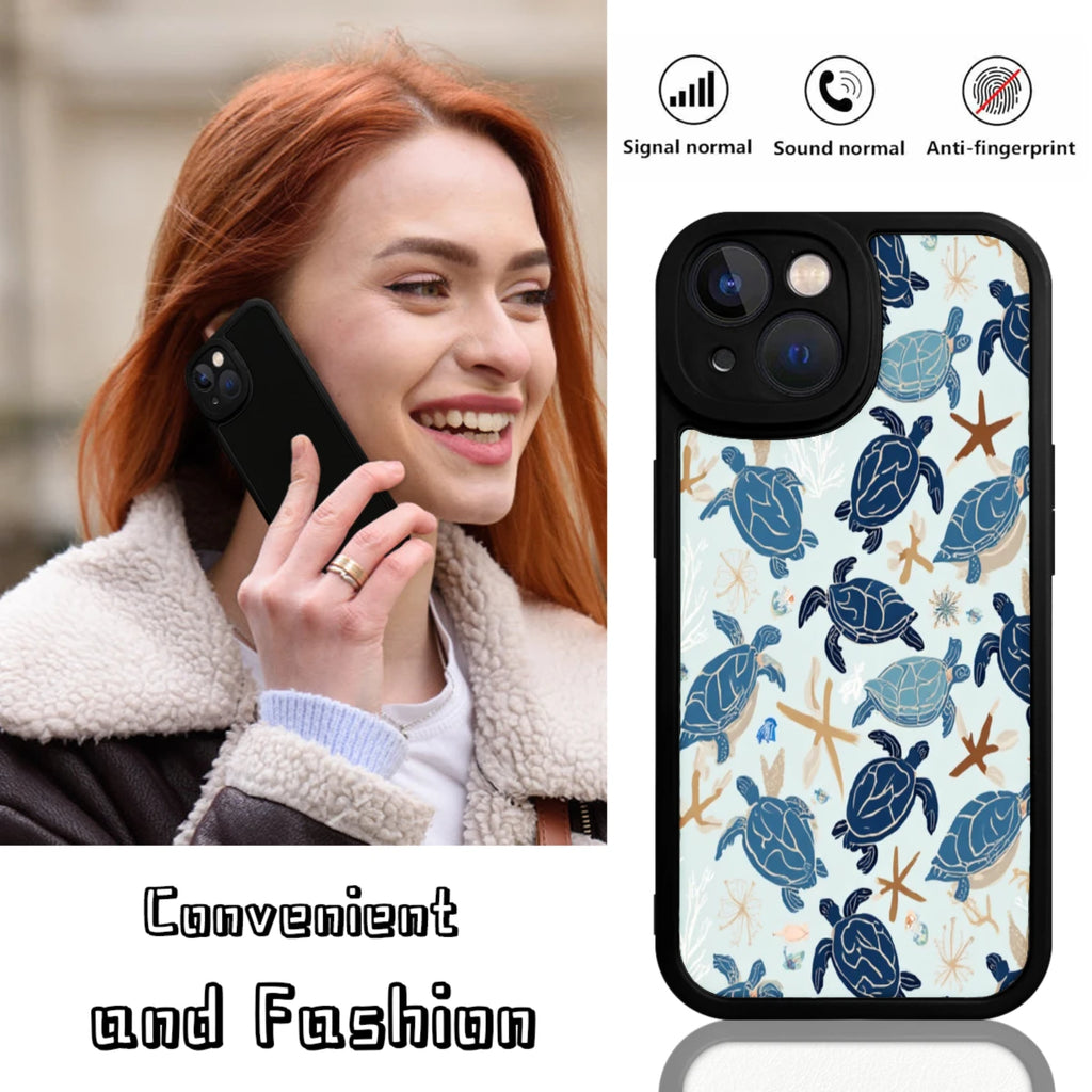Phone Case Blue Sea Turtle And Starfish Pattern For Iphone X To Iphone 16 Pro Max Beach Summer Outdoor Use