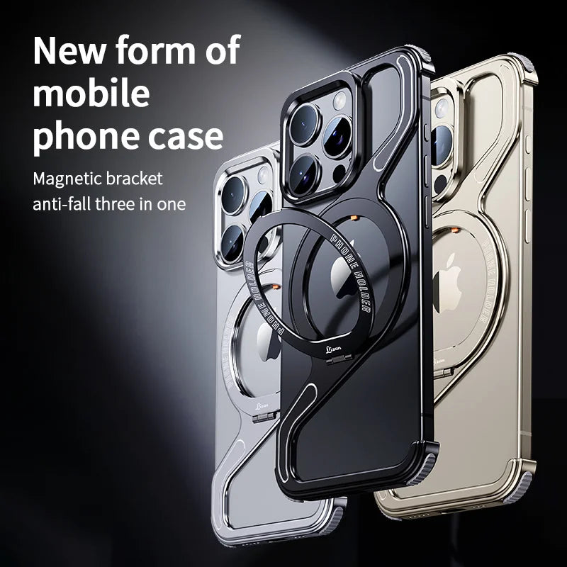 Metal Z Type Magnetic Case for iPhone 17 16 15 14 Pro Max Aluminum Alloy Rimless MagSafe Snap-on Bracket Shockproof Phone Cover