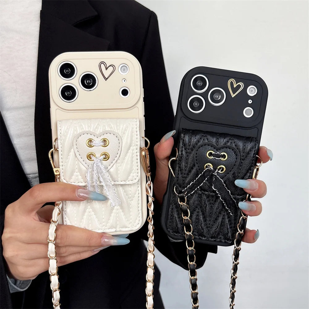 Crossbody Necklace Strap Metal Leather Lanyard Phone Case For iPhone 17 16 15 14 13 12 11 Pro Max Air 7 8 Plus XS Wallet Cover